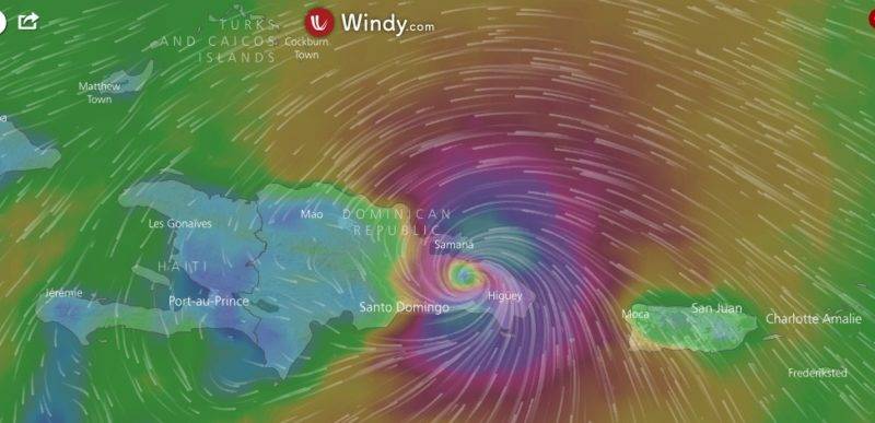 La aplicación meteorológica Windy ubicó hoy el ojo del potencial ciclón María sobre Hayo Mayor, el viernes 22 de septiembre a la 1:00 de la madrugada. Se sentirían los mayores impactos desde Cabo Engaño, provincia La Altagracia, hasta Monte Cristi. Foto: Windy.