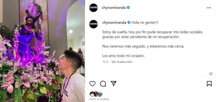 Chyno Miranda reapareció en redes sociales Estoy de vuelta