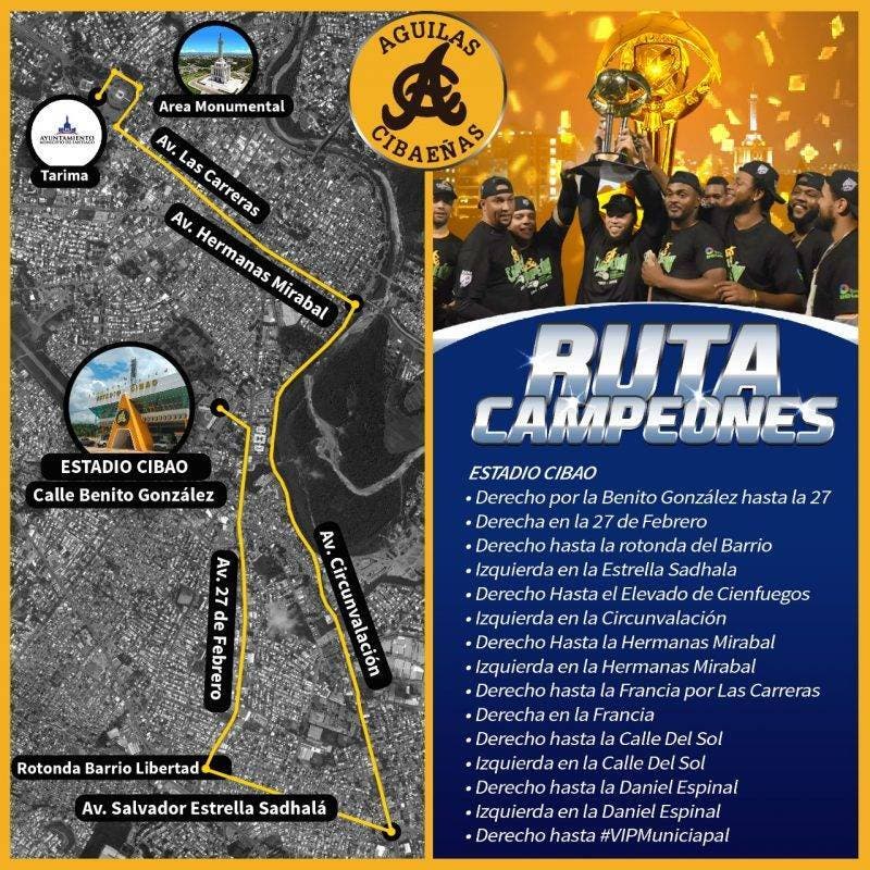 La ruta que recorrerá en Santiago la caravana de celebración del equipo Águilas Cibaeñas