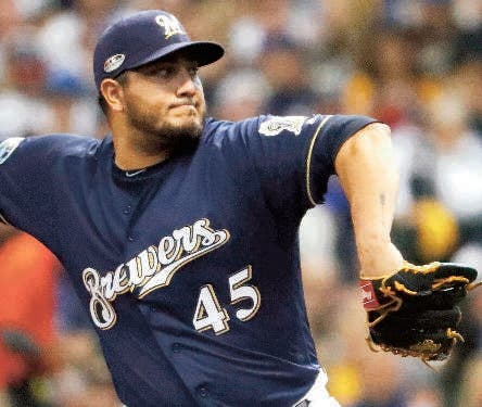 Milwaukee Brewers starting pitcher Jhoulys Chacin throws during the first inning of Game 2 of the National League Divisional Series baseball game against the Colorado Rockies Friday, Oct. 5, 2018, in Milwaukee. (AP Photo/Jeff Roberson)