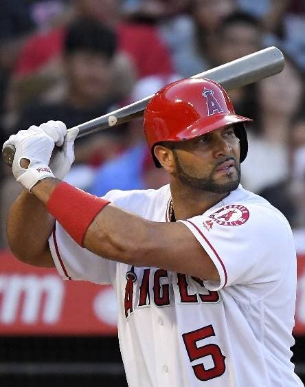 Los Angeles Angels' Albert Pujols bats during the third inning of a baseball game against the Baltimore Orioles, Saturday, July 27, 2019, in Anaheim, Calif. (AP Photo/Mark J. Terrill)