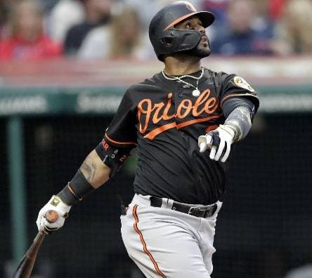 Baltimore Orioles' Jonathan Villar watches his three-run home run off Cleveland Indians starting pitcher Jefry Rodriguez in the third inning of a baseball game, Friday, May 17, 2019, in Cleveland. Rio Ruiz and Austin Wynns also scored on the play. (AP Photo/Tony Dejak)