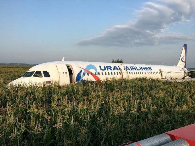 ¡Pánico! Un Airbus con 233 personas a bordo aterriza de panza en un campo de maíz en las afueras de Moscú