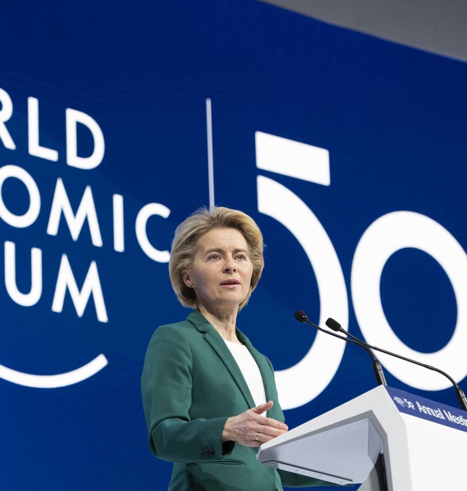 Ursula von der Leyen, President of the European Commission, delivers a speech during a plenary session of the 50th annual meeting of the World Economic Forum (WEF) in Davos, Switzerland, Wednesday, Jan. 22, 2020. (Gian Ehrenzeller/Keystone via AP)