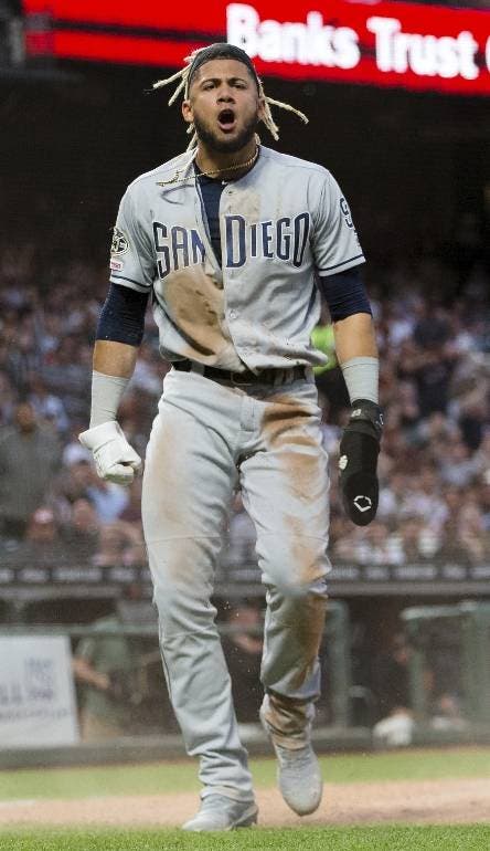 San Diego Padres' Fernando Tatis Jr. reacts after scoring against the San Francisco Giants during the fifth inning of a baseball game, Tuesday, June 11, 2019, in San Francisco. (AP Photo/John Hefti)