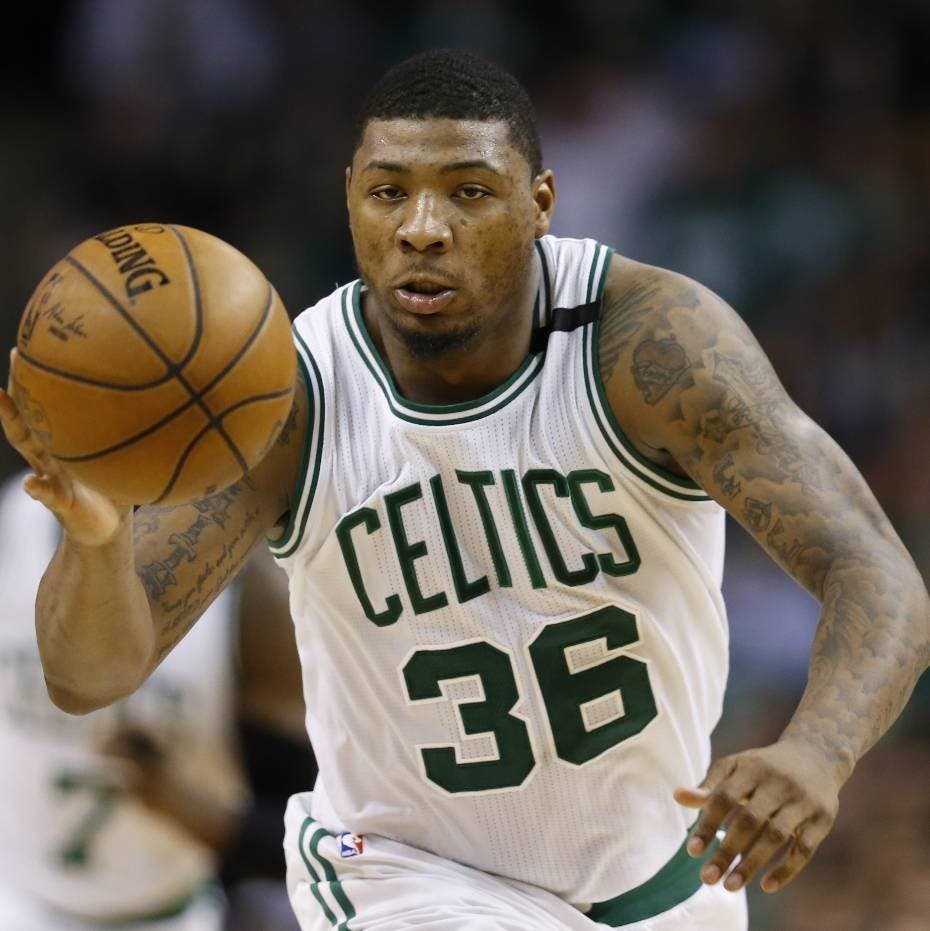 May 2, 2017; Boston, MA, USA; Boston Celtics point guard Marcus Smart (36) controls the ball on a breakaway during the fourth quarter in game two of the second round of the 2017 NBA Playoffs against the Washington Wizards at TD Garden. Mandatory Credit: Greg M. Cooper-USA TODAY Sports