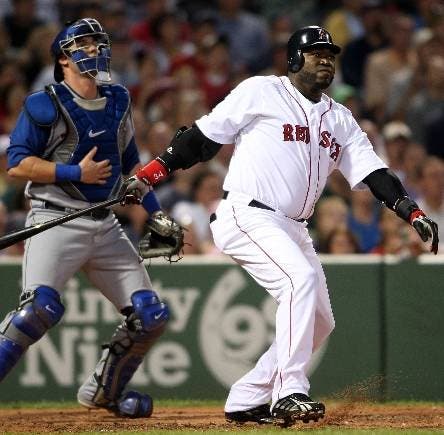 David Ortiz #34 of the Boston Red Sox hits a  two run homer in the second inning as Jarrod Saltalamacchia #25 of the Texas Rangers defends on August 14, 2008 at Fenway Park in Boston, Massachusetts.    Elsa/Getty Images/AFP    == FOR NEWSPAPERS, INTERNET, TELCOS & TELEVISION USE ONLY ==