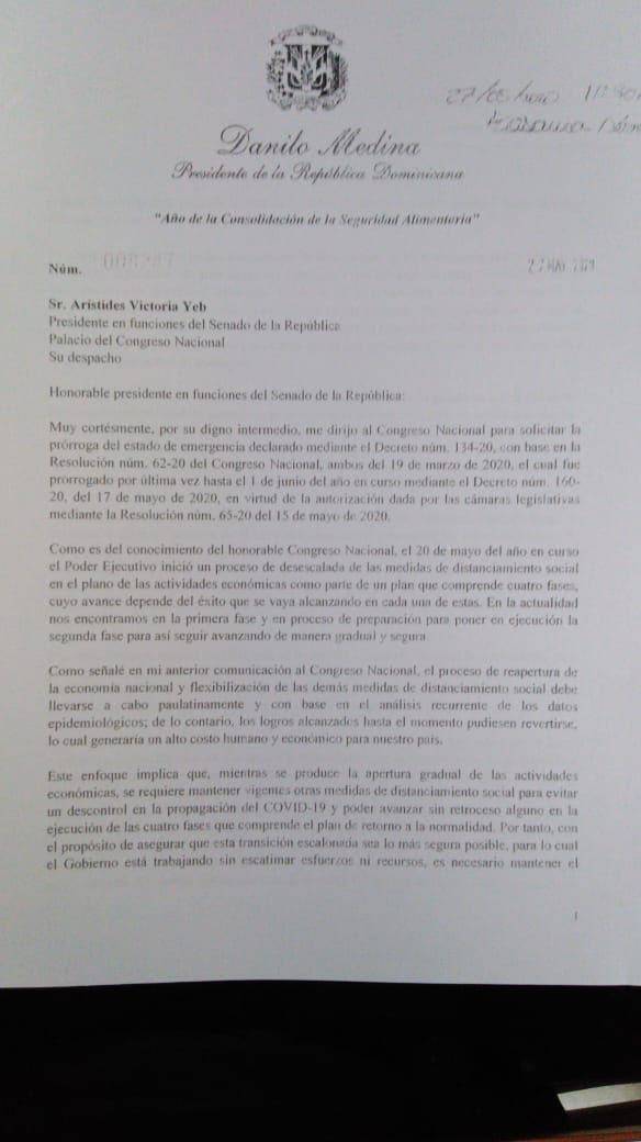 Carta de Danilo Medina solicitud Estados de emergencia