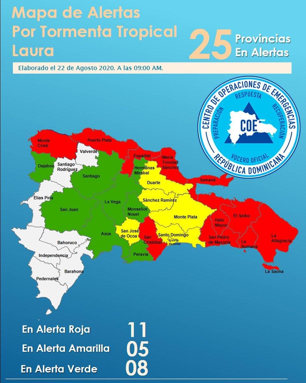 COE aumenta a 11 las provincias en alerta roja por tormenta Laura