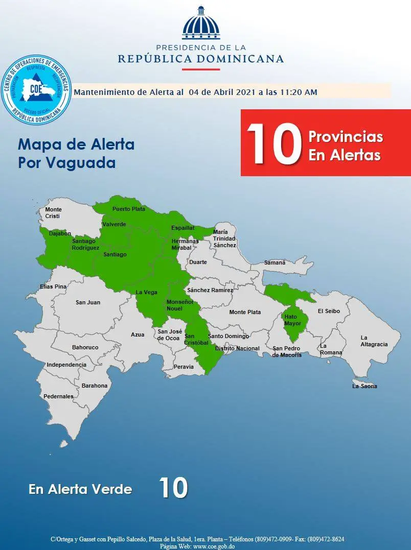 COE aumenta a 10 las provincias en alerta por vaguada