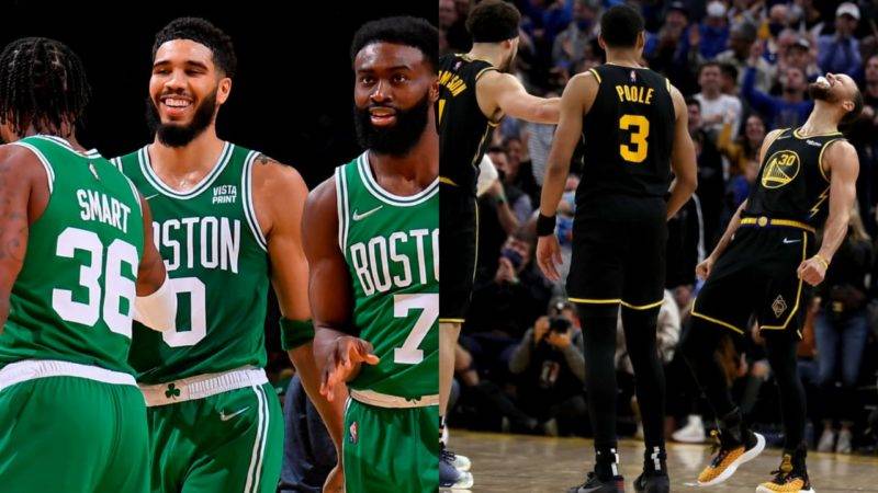 Marcus Smart (36), Jayson Tatum (0) y Jaylen Brown (7) de Boston y Klay Thompson, Jordan Poole (3) y Stephen Curry de Golden State