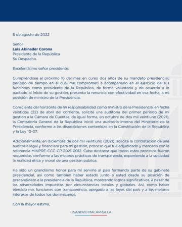 Carta de renuncia de Macarrulla